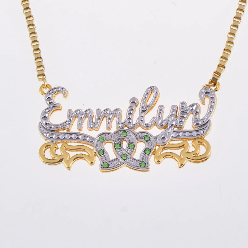 BirthStone Name Necklace, Custom, Diamond Nameplate, Double Plated