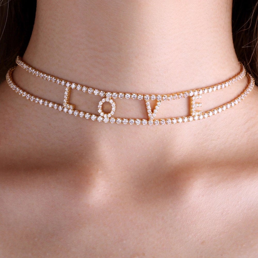 Layered CZ Diamond Choker, Personalized Initial Necklace, Crystal Choker